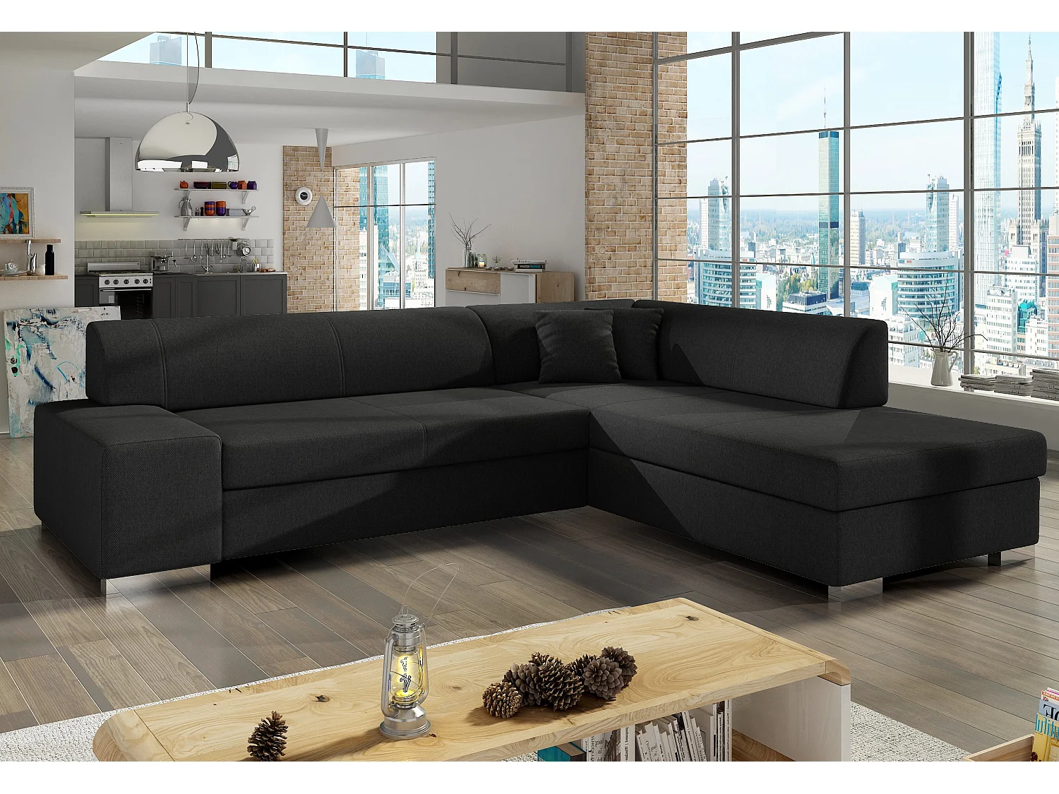 Canapé convertible moderne angle droit tissu noir Plazo 278cm