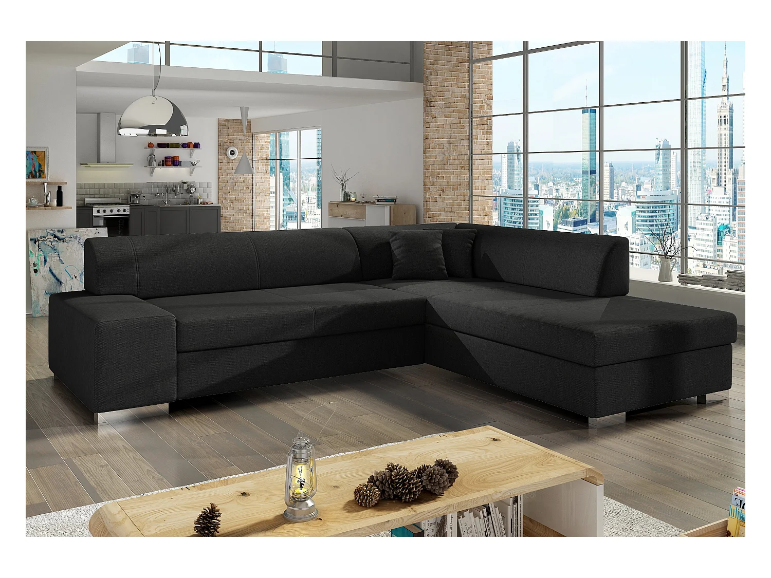 Canapé convertible moderne angle droit tissu noir Plazo 278cm