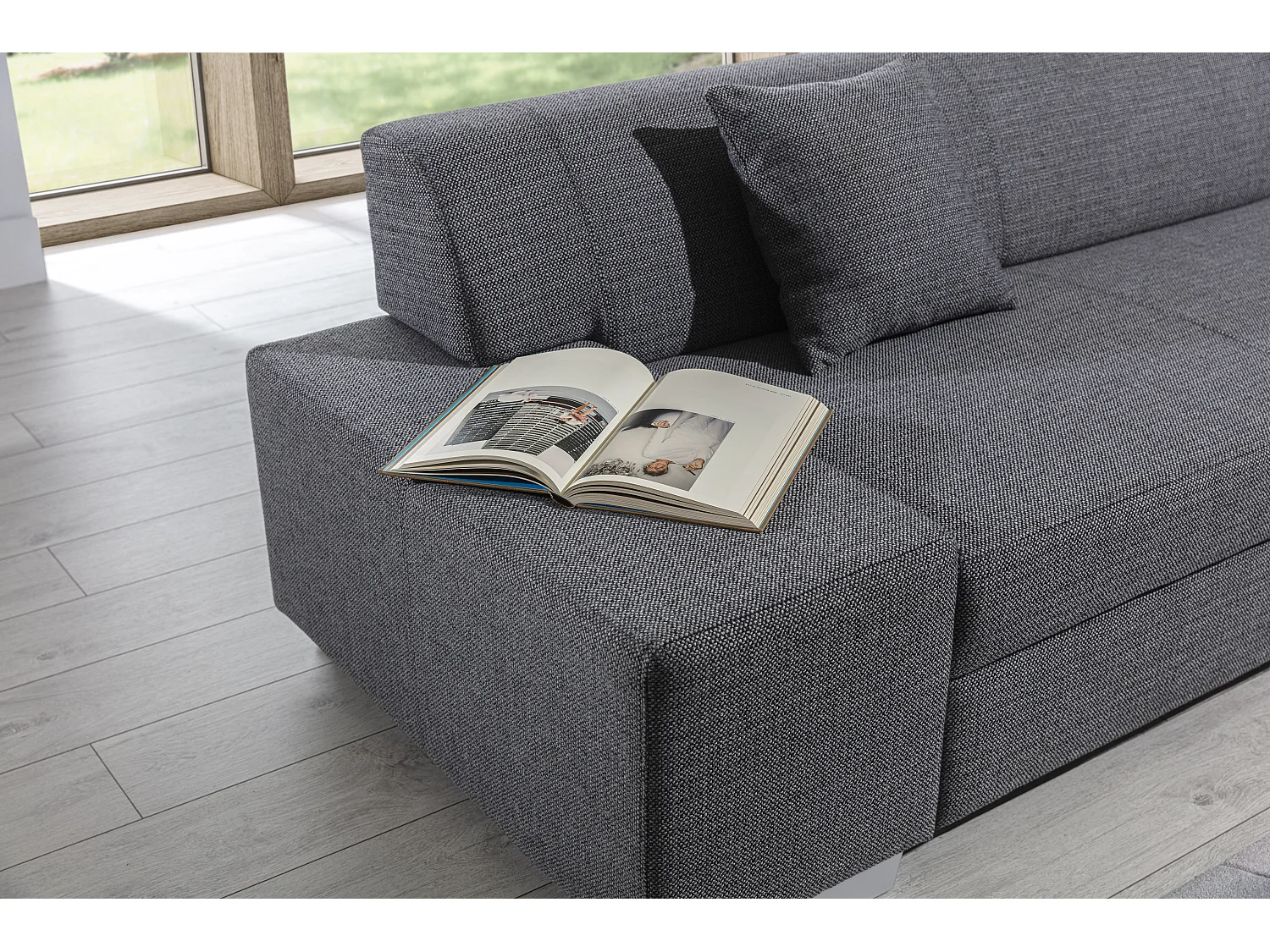 Moderne slaapbank haaks zwart stof Plazo 278 cm