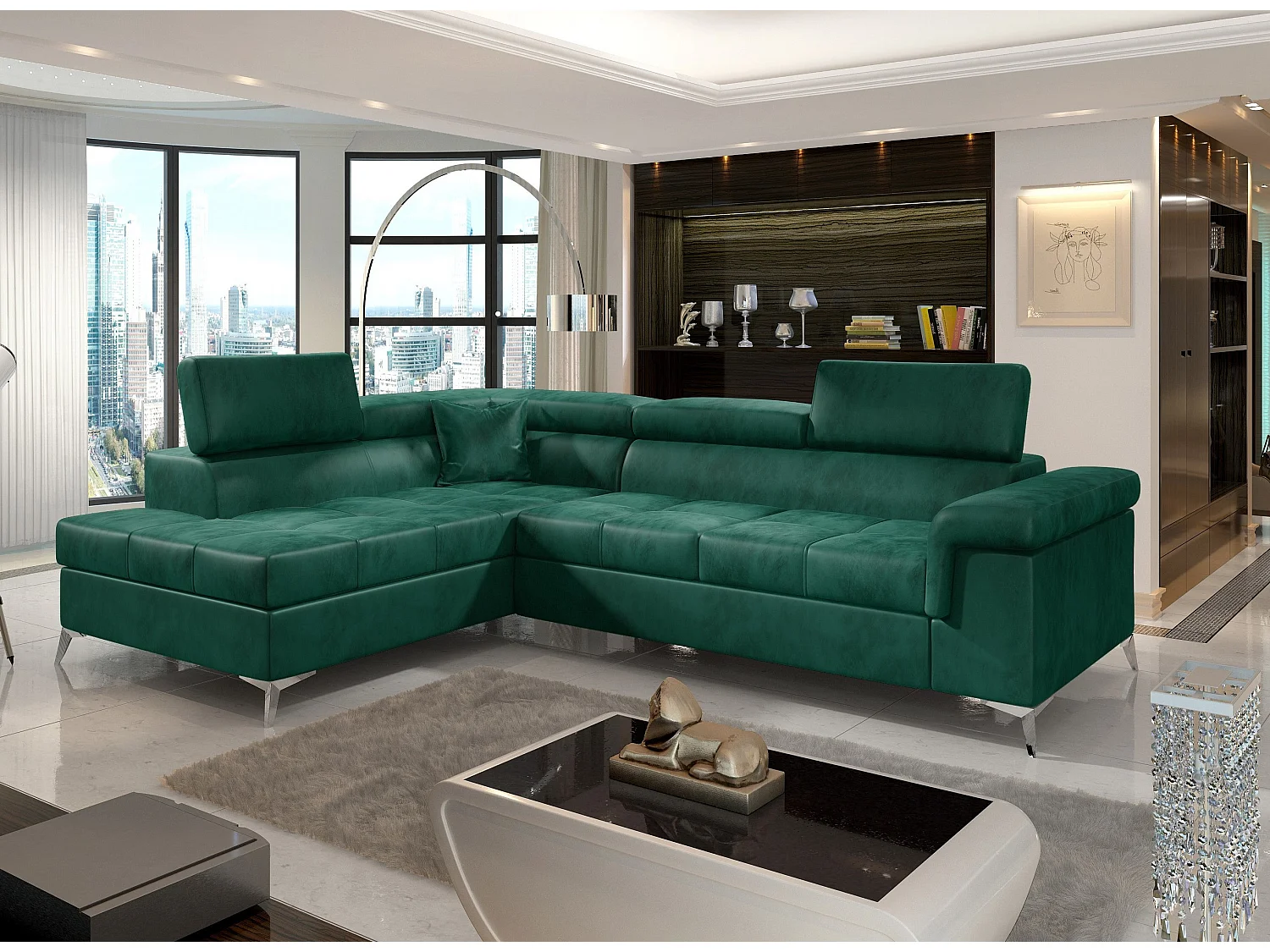 Canapé d'angle gauche convertible velours vert sapin Marido 275cm