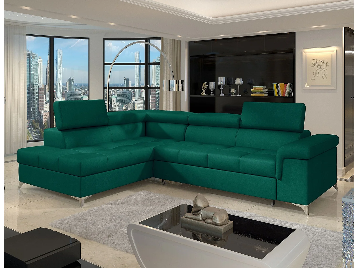 Canapé d'angle convertible velours MARIDO - Coffre et appuis-tête réglables-Vert sapin-angle gauche