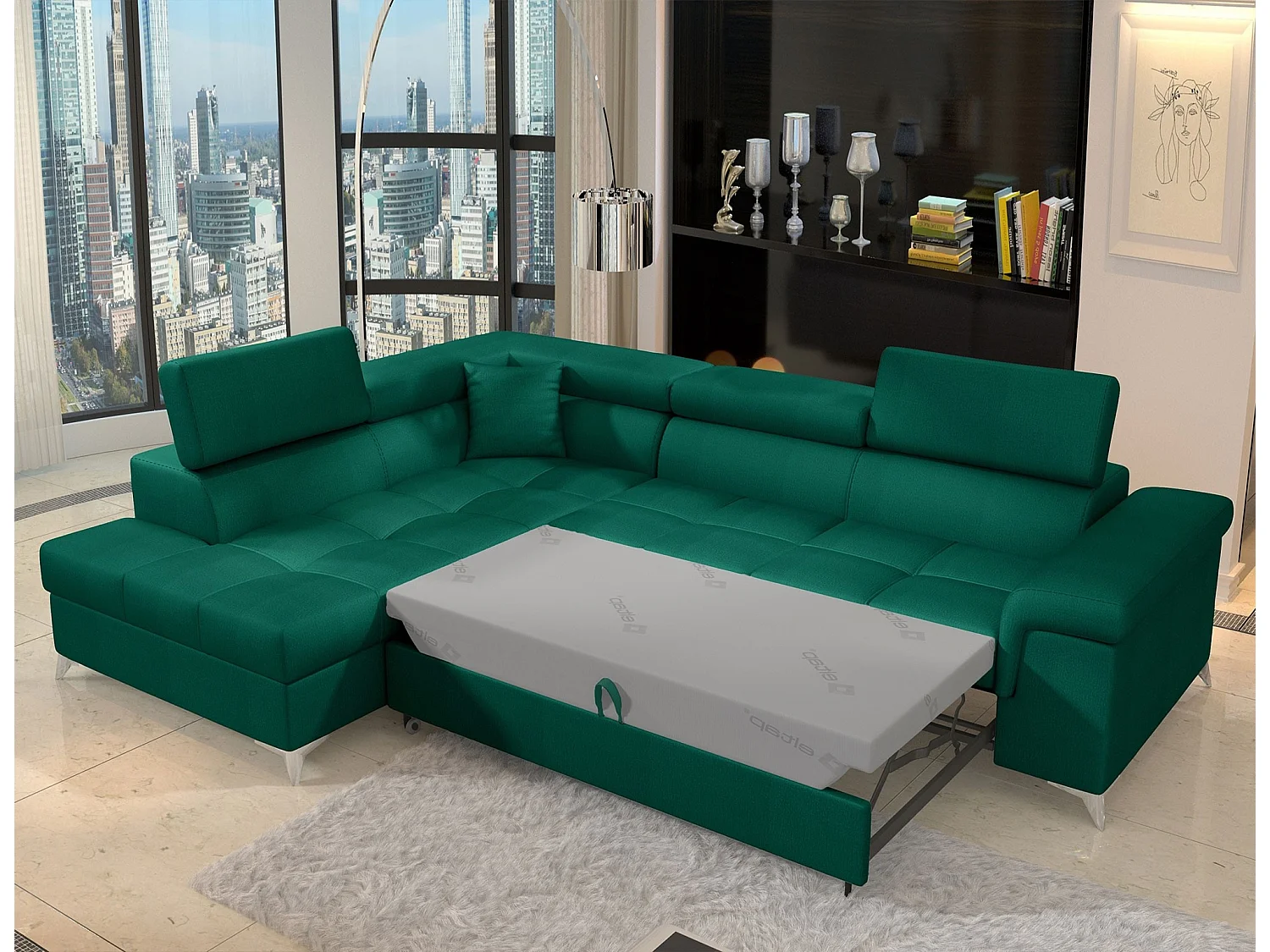 Canapé d'angle convertible velours MARIDO - Coffre et appuis-tête réglables-Vert sapin-angle gauche