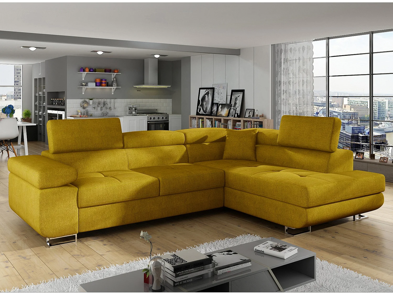 Canapé d'angle droit convertible tissu jaune moutarde Marka 275cm