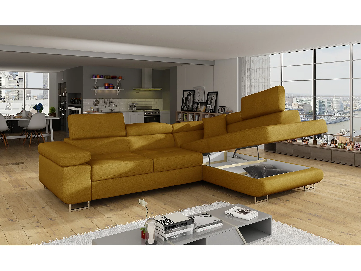 Sofá esquinero convertible en terciopelo con reposacabezas elevables - Colección Marka-Amarillo mostaza-Ángulos rectos