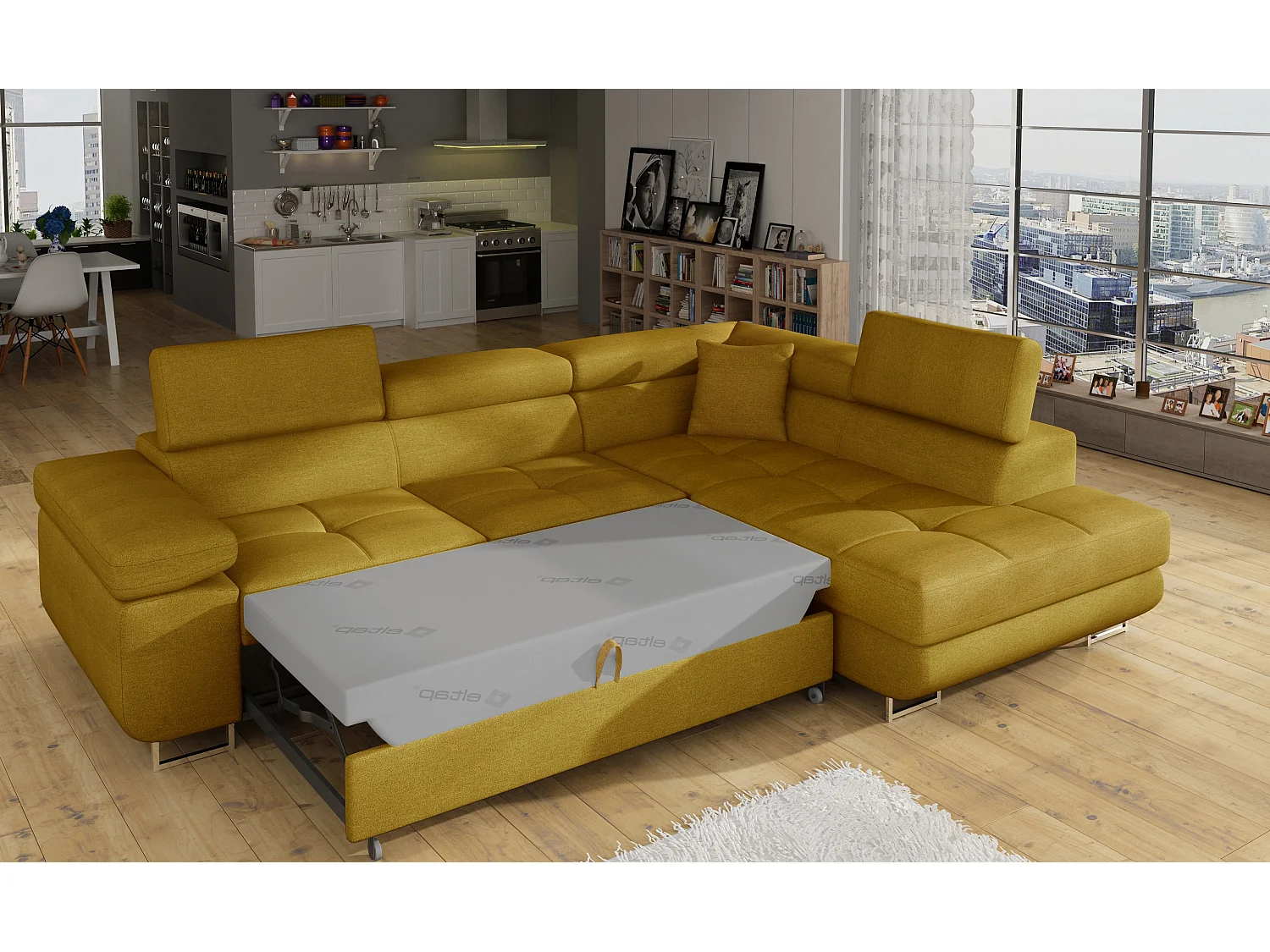 Sofá esquinero convertible en terciopelo con reposacabezas elevables - Colección Marka-Amarillo mostaza-Ángulos rectos