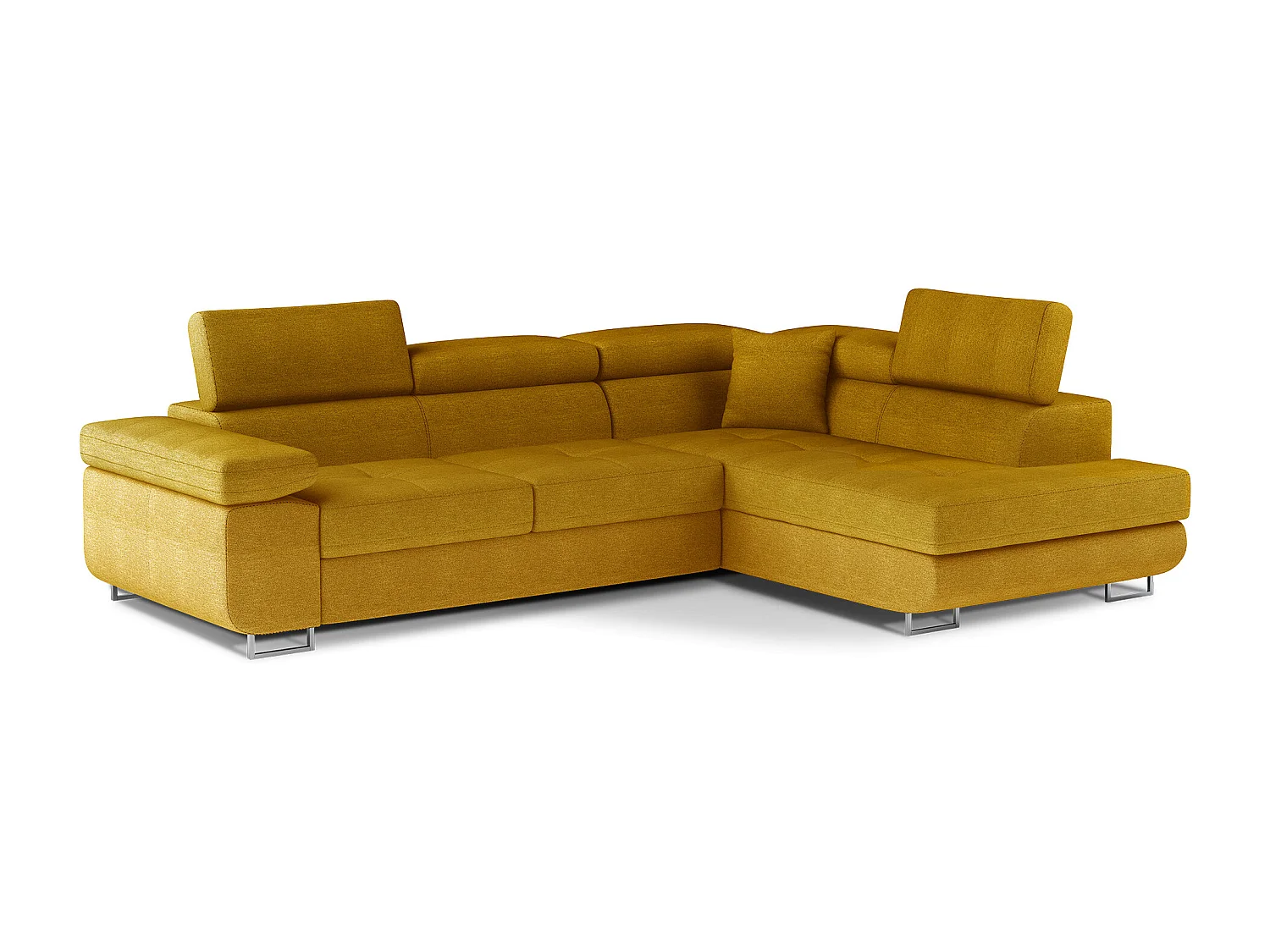 Sofá esquinero convertible en terciopelo con reposacabezas elevables - Colección Marka-Amarillo mostaza-Ángulos rectos