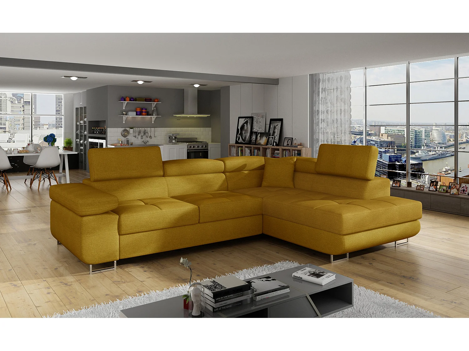 Sofá esquinero convertible en terciopelo con reposacabezas elevables - Colección Marka-Amarillo mostaza-Ángulos rectos