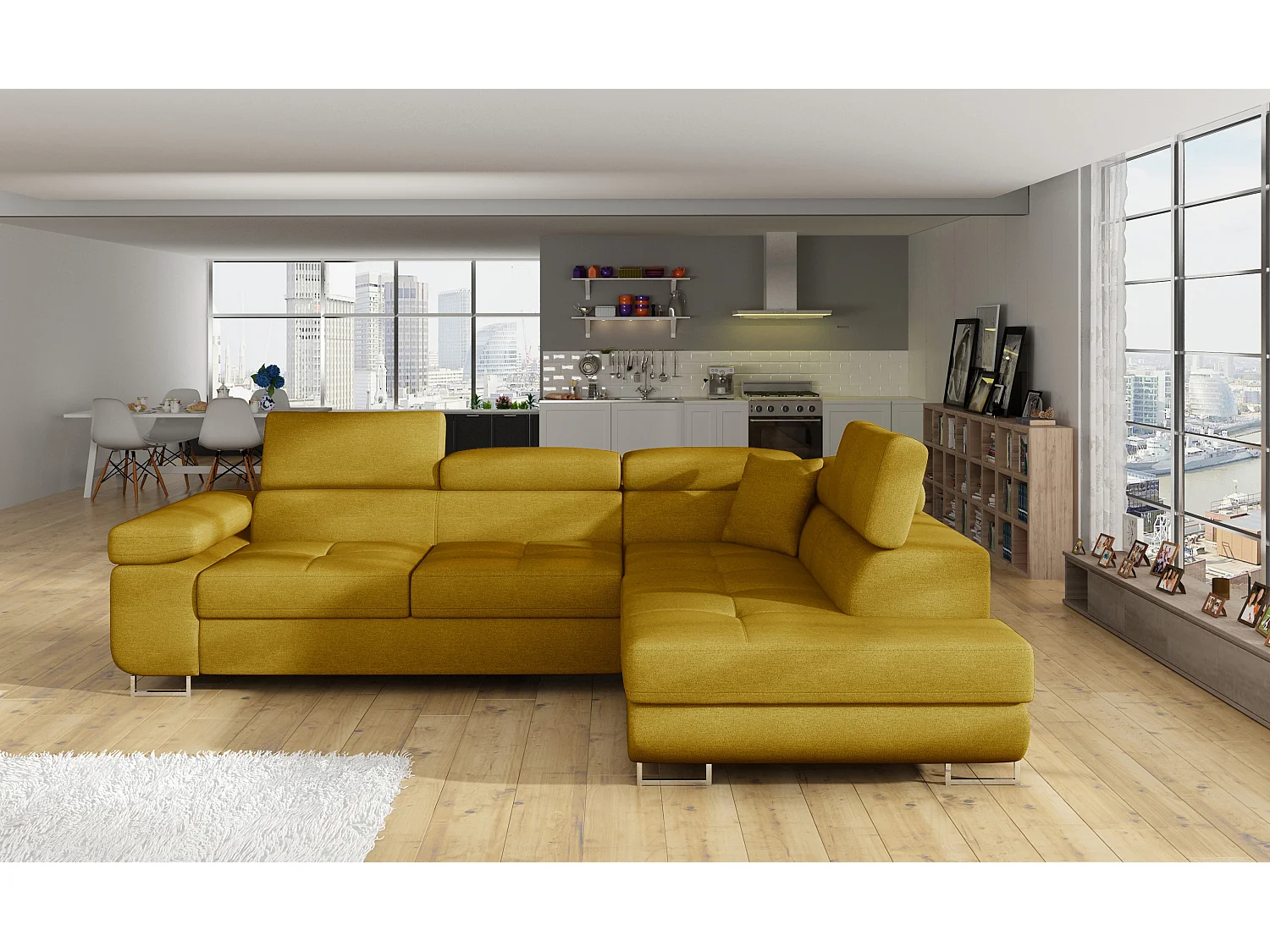 Sofá esquinero convertible en terciopelo con reposacabezas elevables - Colección Marka-Amarillo mostaza-Ángulos rectos