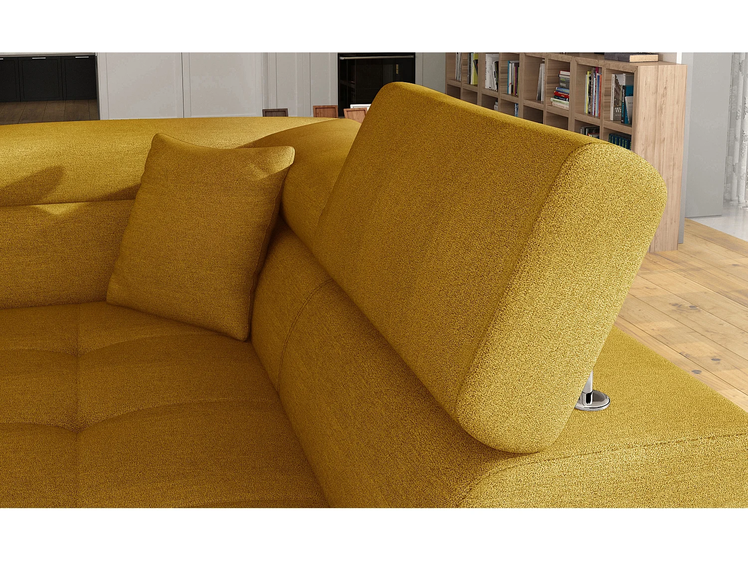 Sofá esquinero convertible en terciopelo con reposacabezas elevables - Colección Marka-Amarillo mostaza-Ángulos rectos