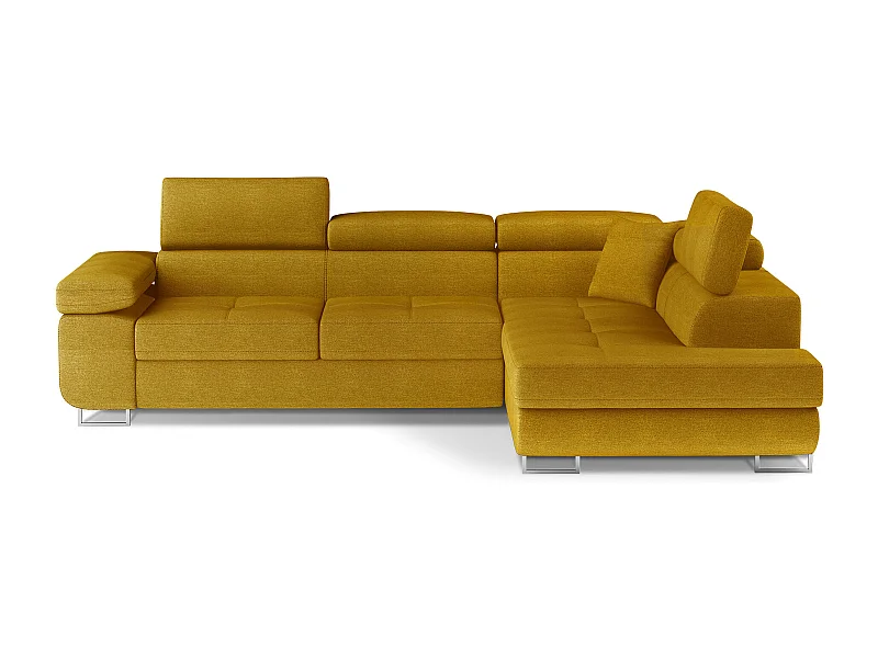 Canapé d'angle convertible velours MARKA - Coffre et appuis-tête réglables-Jaune moutarde-angle droit