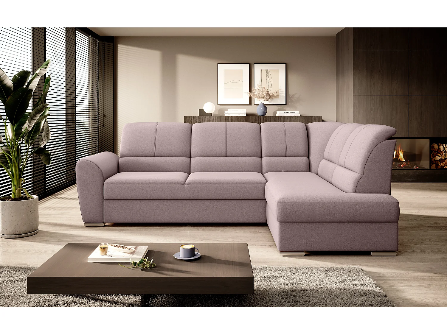 Canapé angle droit convertible tissu rose clair et pieds acier chromé Zabor 270cm