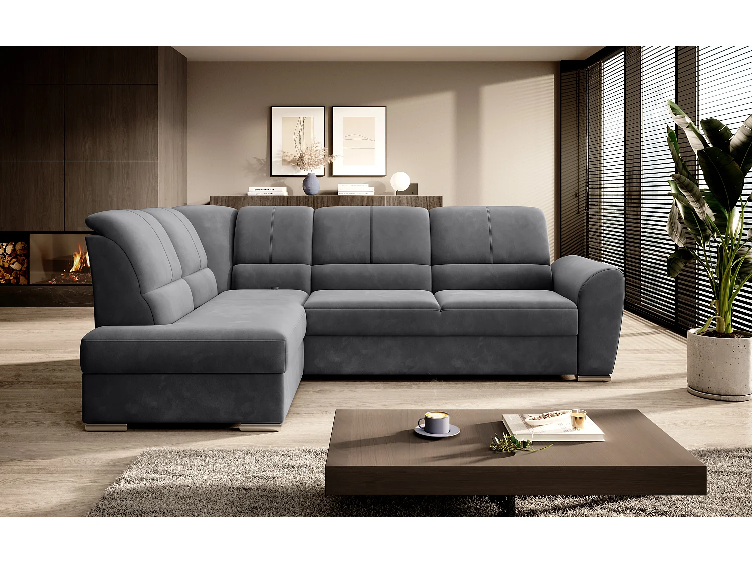 Canapé angle gauche convertible velours gris foncé et pieds acier chromé Zabor 270cm