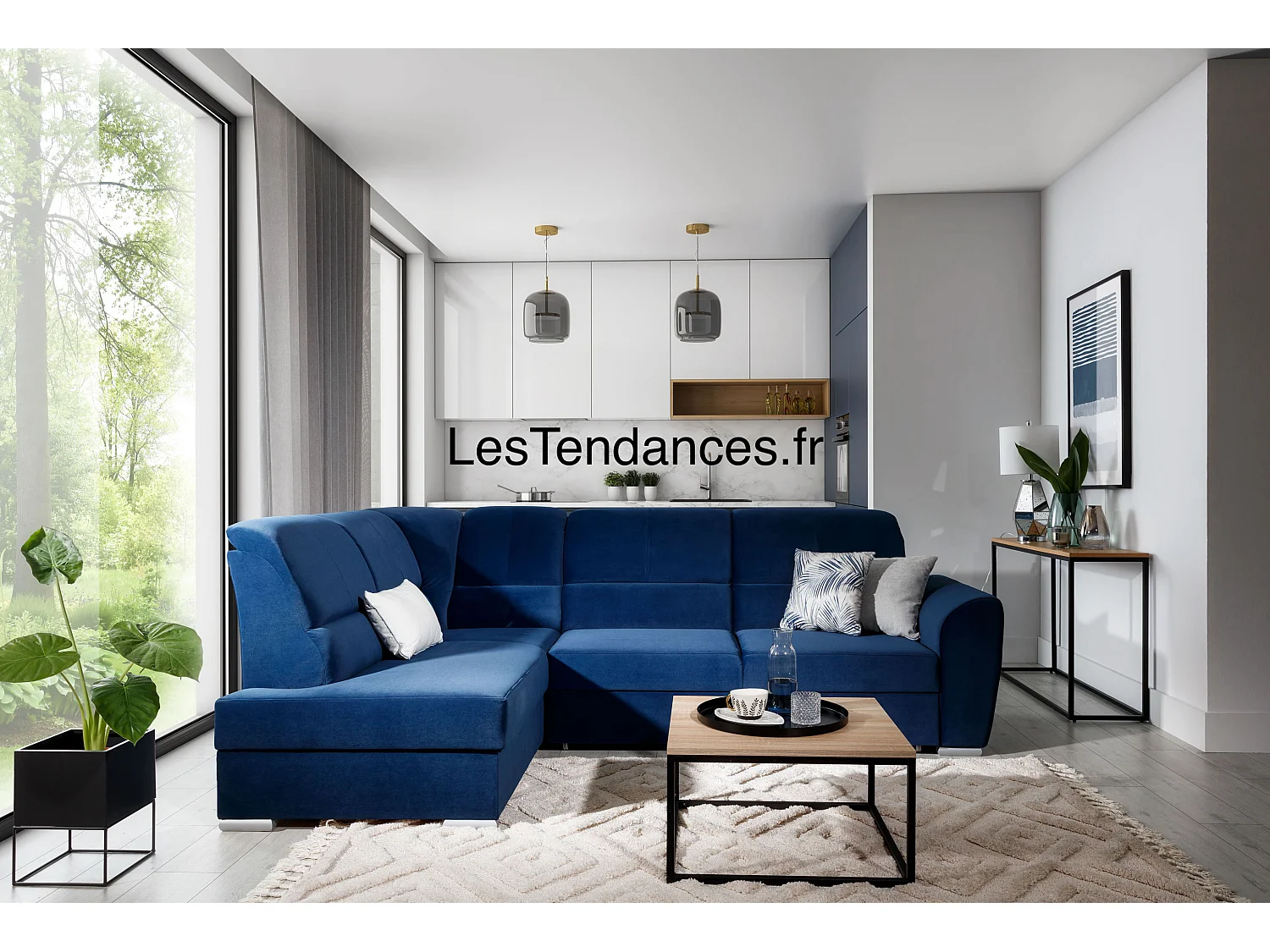 Canapé angle gauche convertible velours gris foncé et pieds acier chromé Zabor 270cm