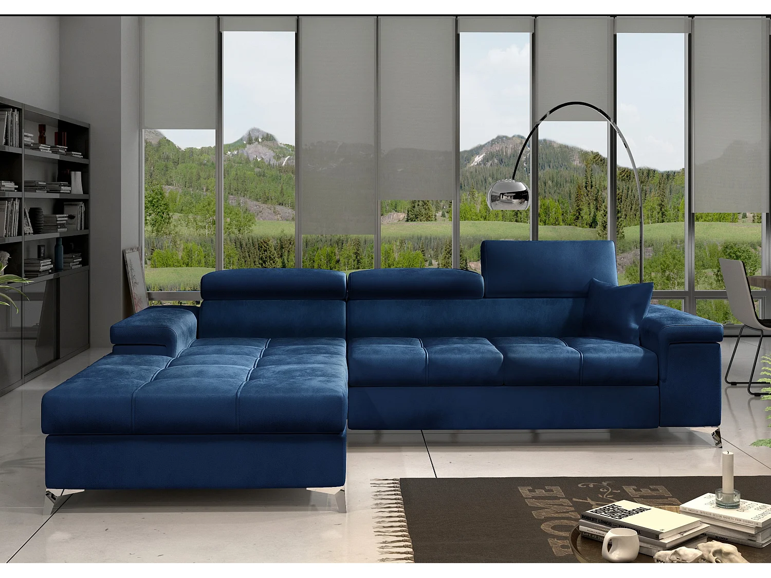 Canapé angle gauche convertible velours bleu marine avec appuis-tête réglables Rikaro 280cm