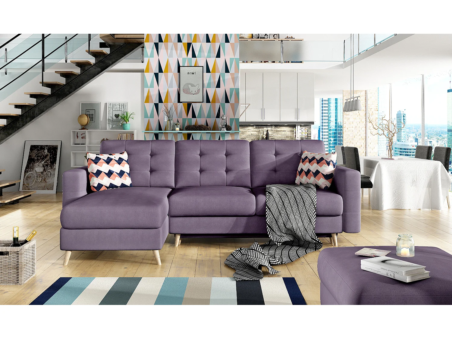 Canapé d'angle convertible et réversible tissu ANSKA - Pieds bois naturel-Parme