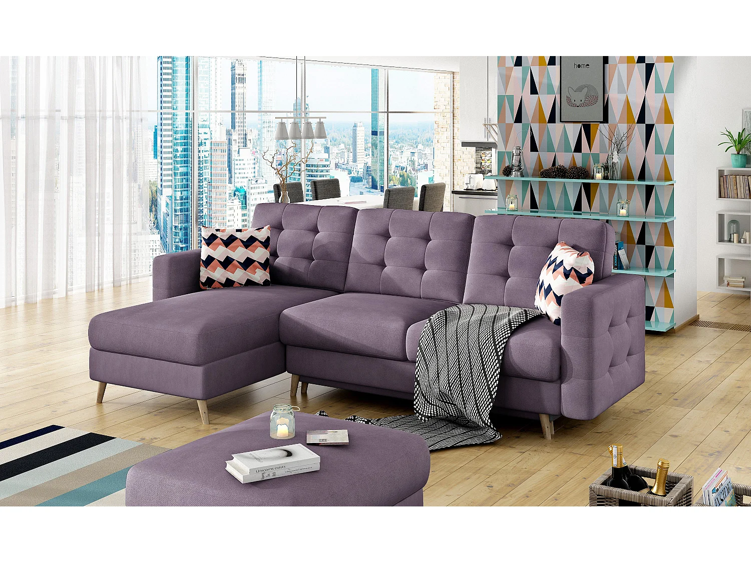 Canapé d'angle convertible et réversible tissu ANSKA - Pieds bois naturel-Parme