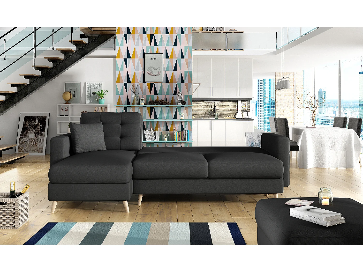Canapé d'angle convertible et réversible tissu ANSKA - Pieds bois naturel-Parme