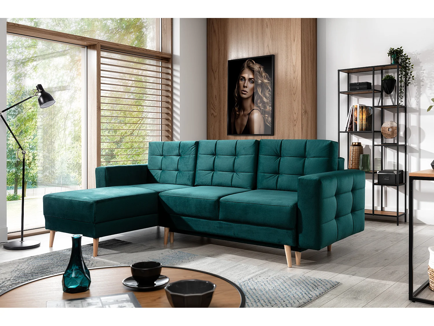 Canapé d'angle convertible et réversible tissu ANSKA - Pieds bois naturel-Parme
