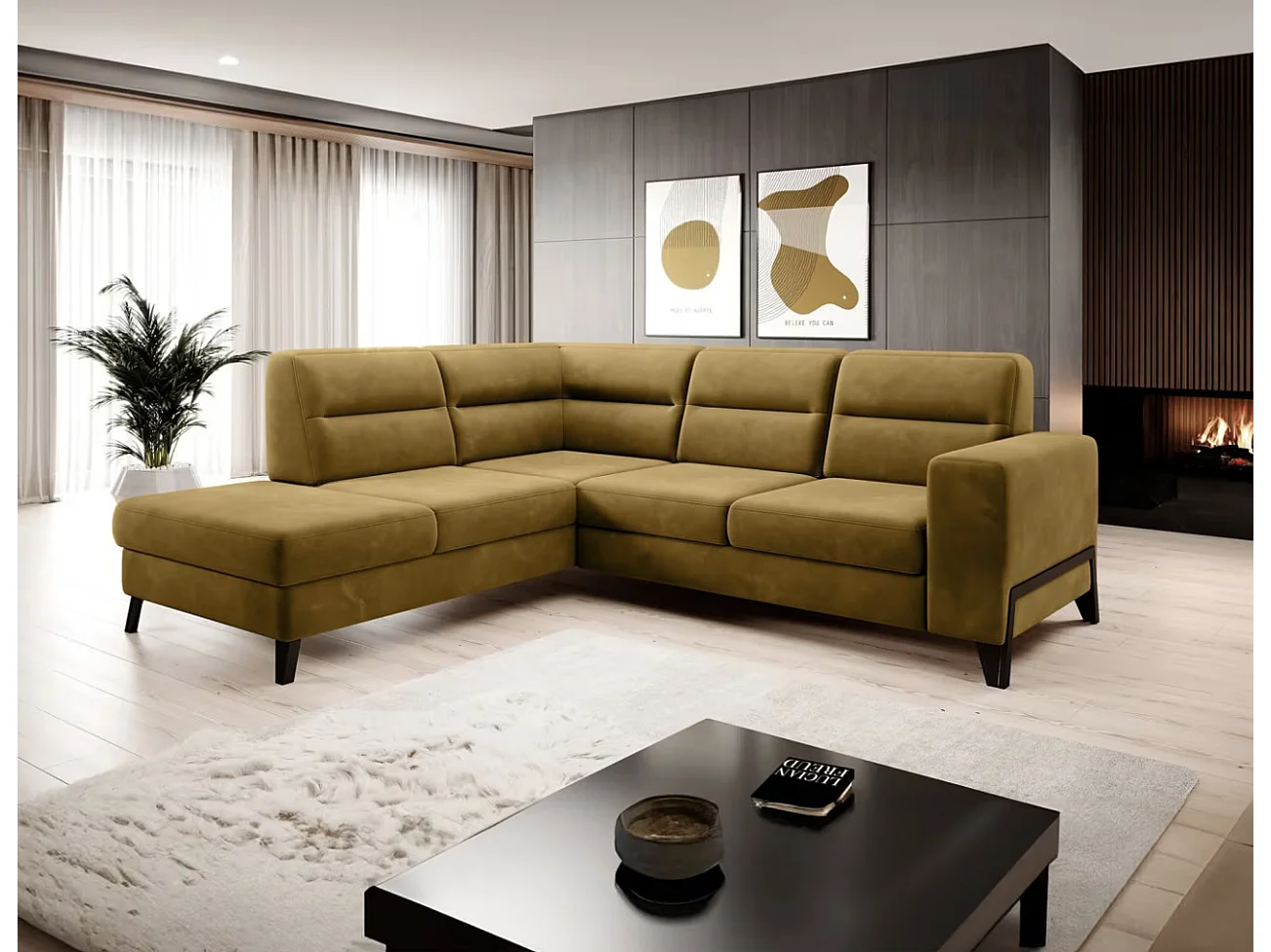 Canapé d'angle convertible tissu KAZAL - Dossiers réglables et pieds acier noir-Jaune chamoix-angle gauche