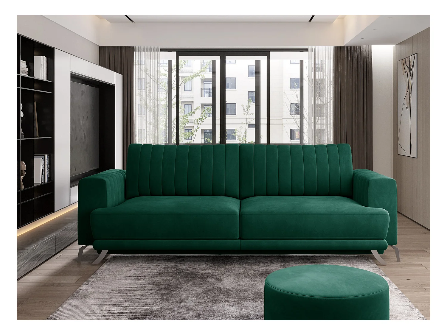 Canapé convertible design 3-4 places tissu doux gris foncé et pieds acier chromé Eliza 250cm