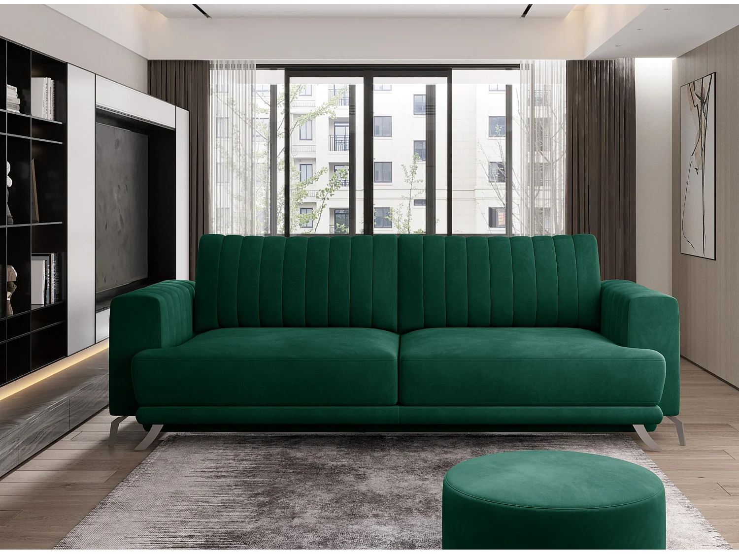 Designer 3/4-zits slaapbank in zachte donkergrijze stof en chroomstalen poten Eliza 250 cm