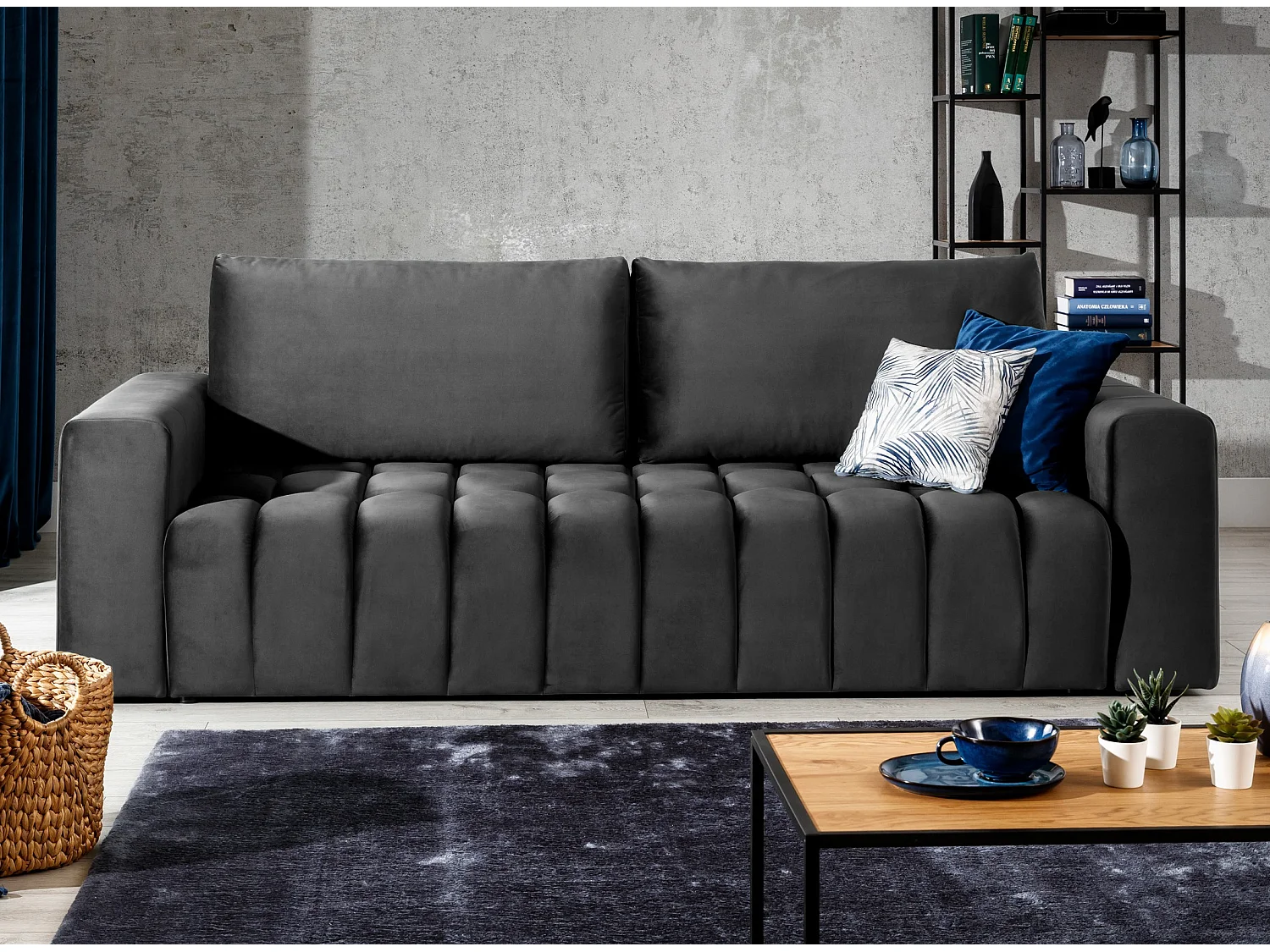 Canapé convertible 3 places velours gris foncé avec coffre de rangement Larko 245cm