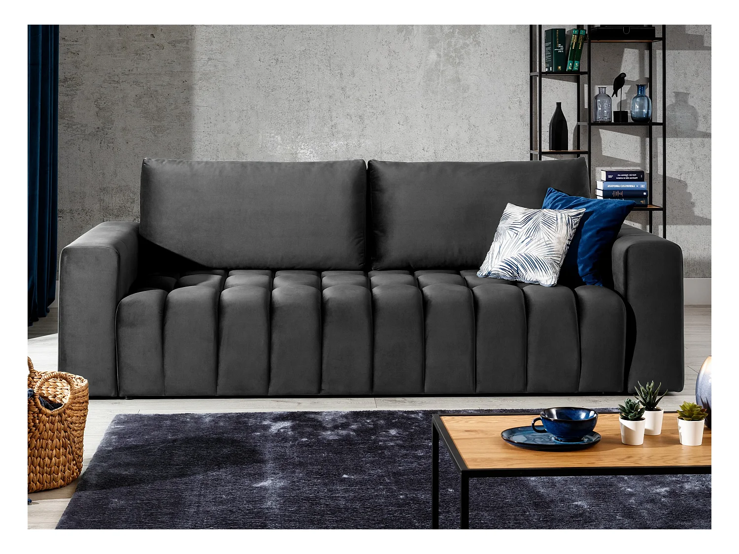 Canapé convertible 3 places velours gris foncé avec coffre de rangement Larko 245cm