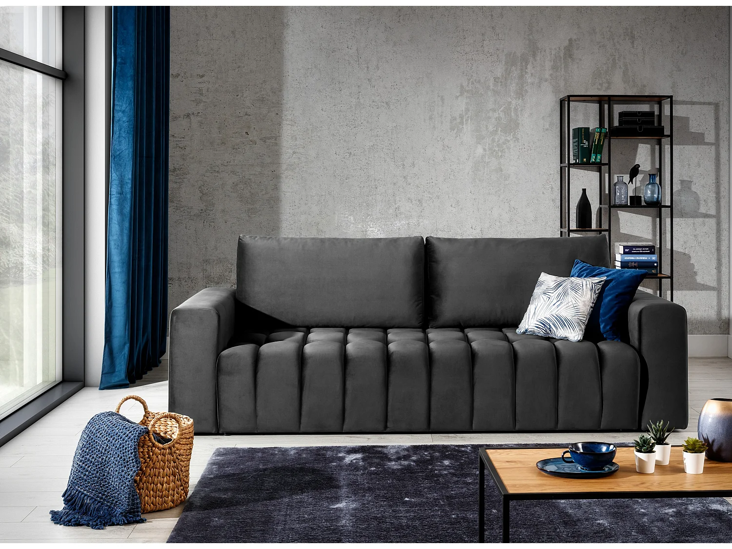 Canapé convertible 3 places velours gris foncé avec coffre de rangement Larko 245cm