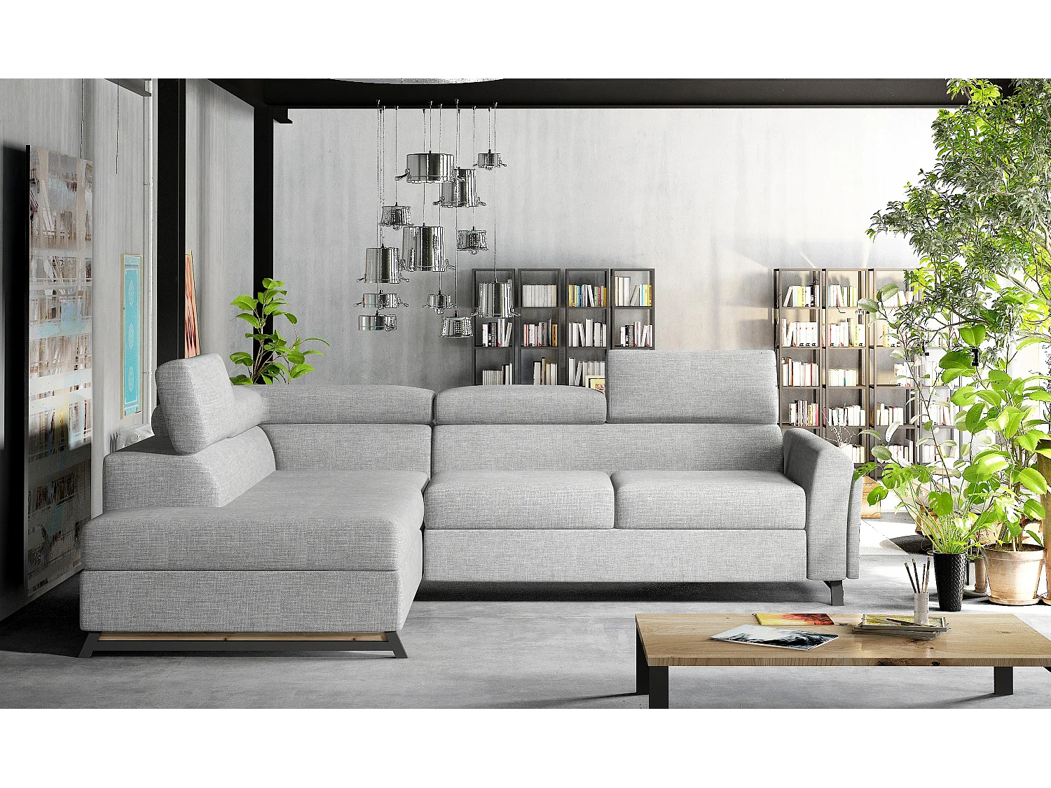 Canapé angle gauche convertible tissu gris clair avec têtières réglables Nikos 265cm