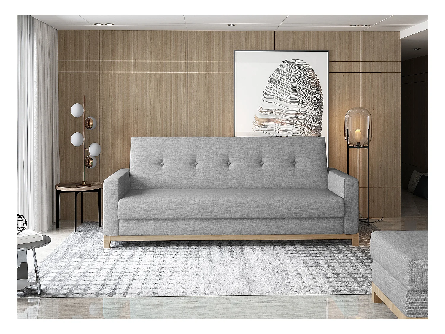 Canapé lit 3 places tissu gris clair et pieds en bois de hêtre Saline 216cm