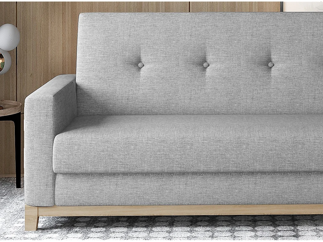 Canapé lit 3 places tissu gris clair et pieds en bois de hêtre Saline 216cm