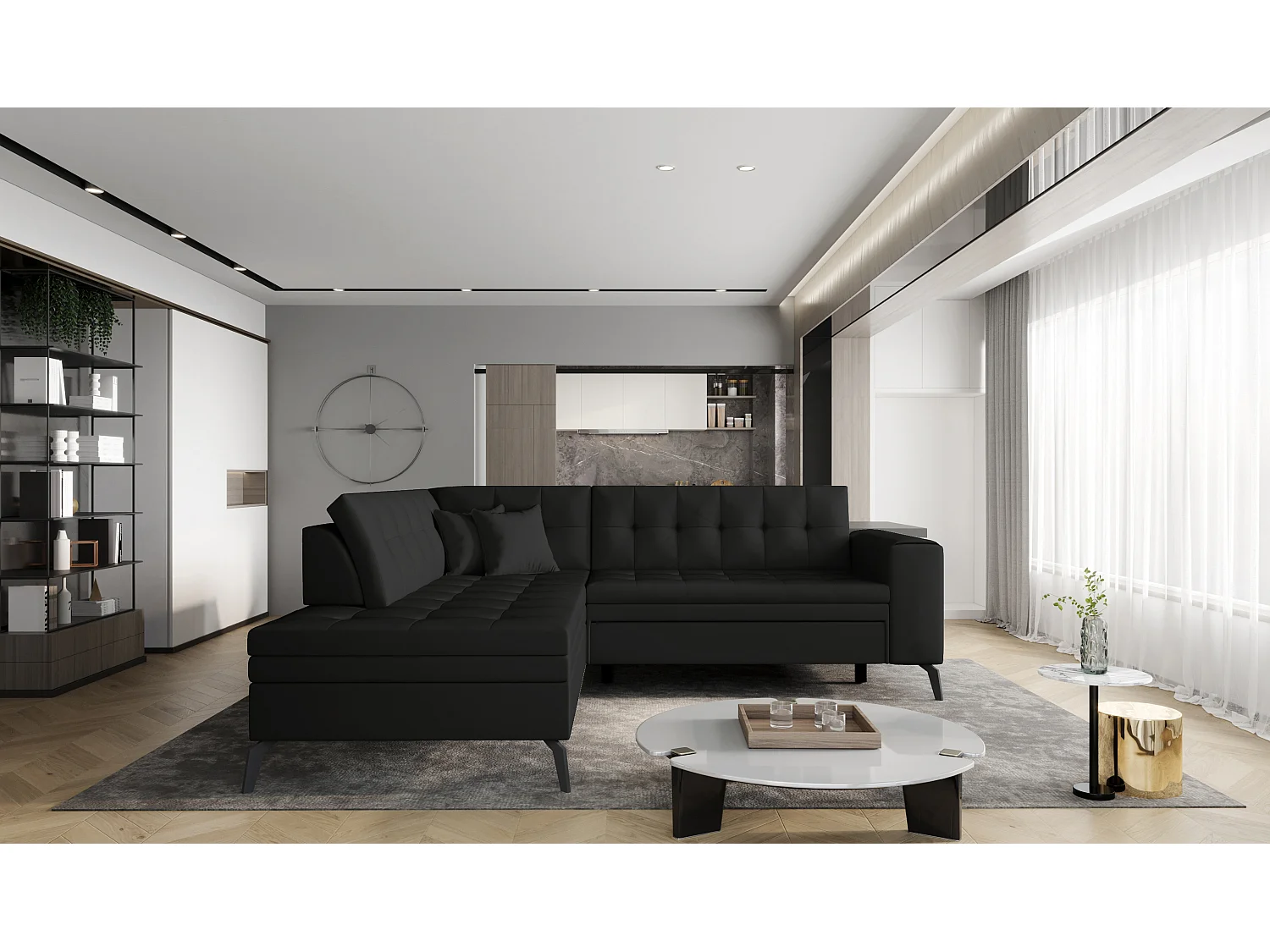 Canapé convertible capitonné angle gauche simili cuir noir Larry 260cm