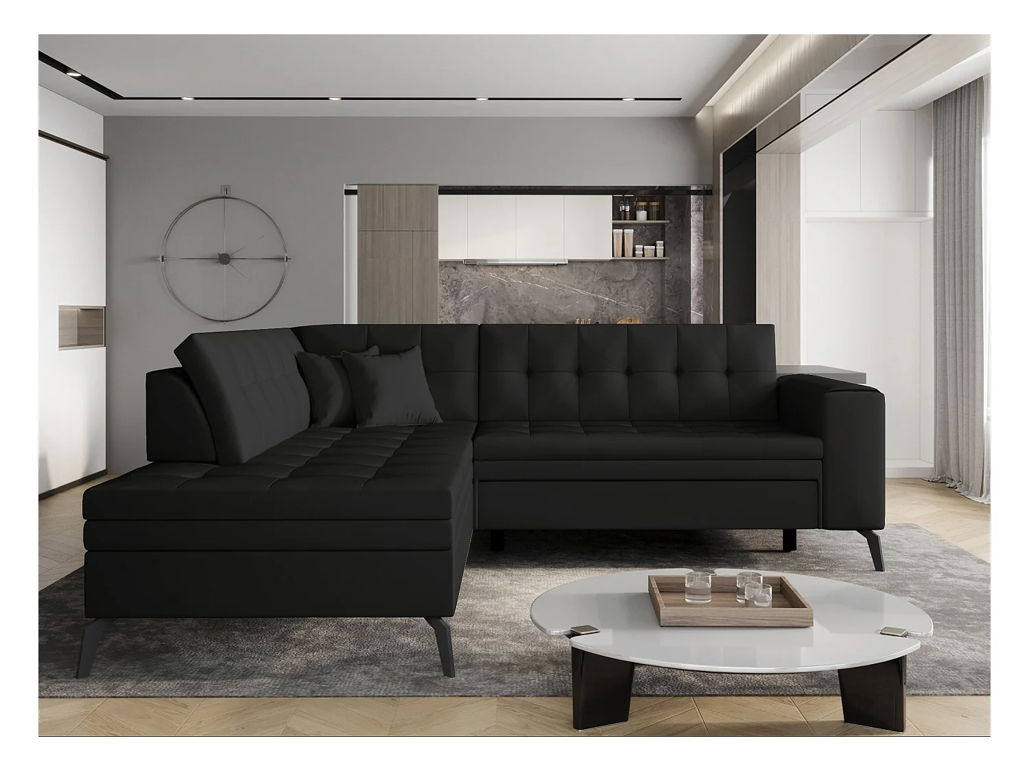 Canapé convertible capitonné angle gauche simili cuir noir Larry 260cm