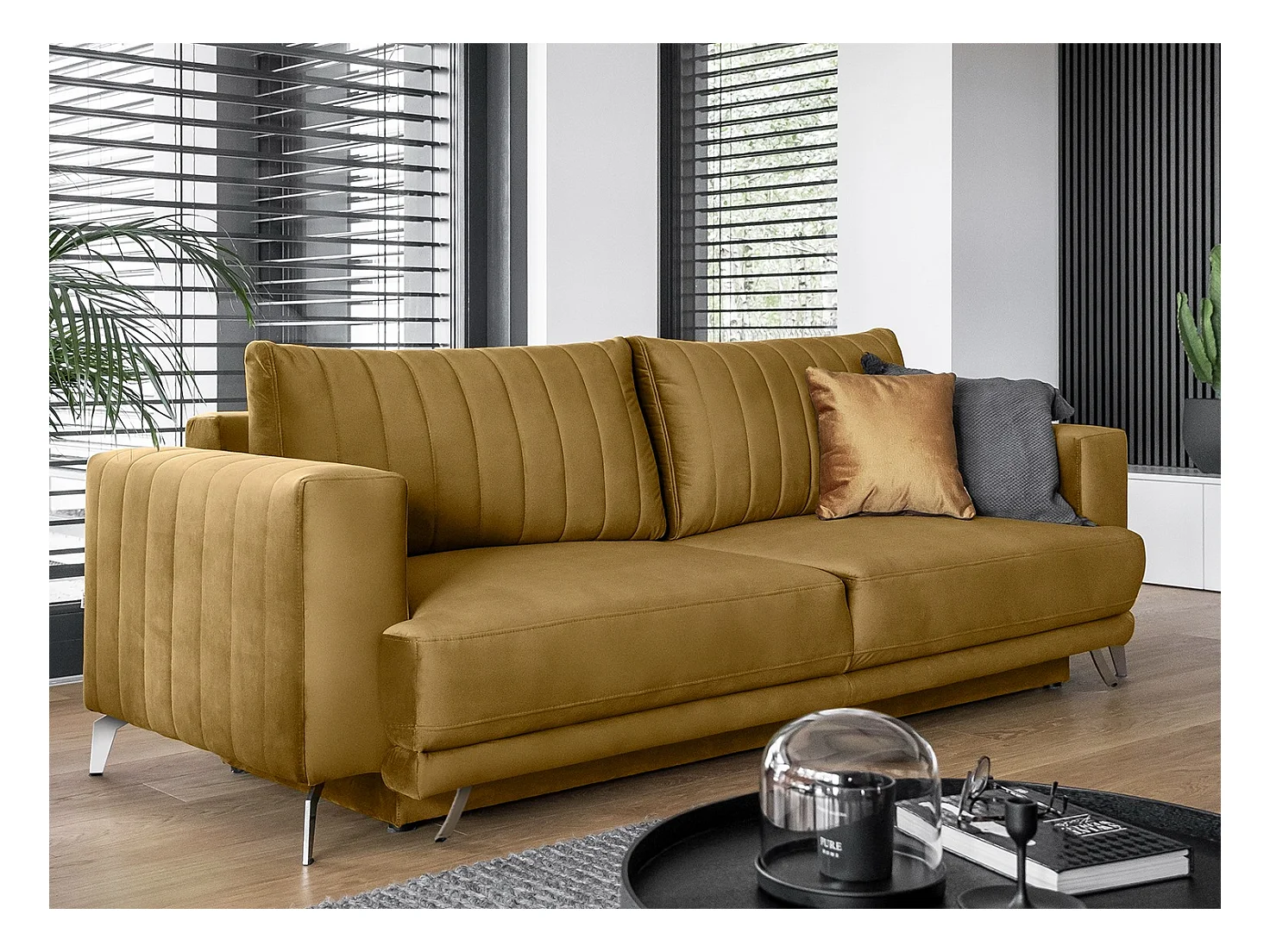 Designer 3/4-zits slaapbank in geel fluweel en chroomstalen poten Eliza 250 cm