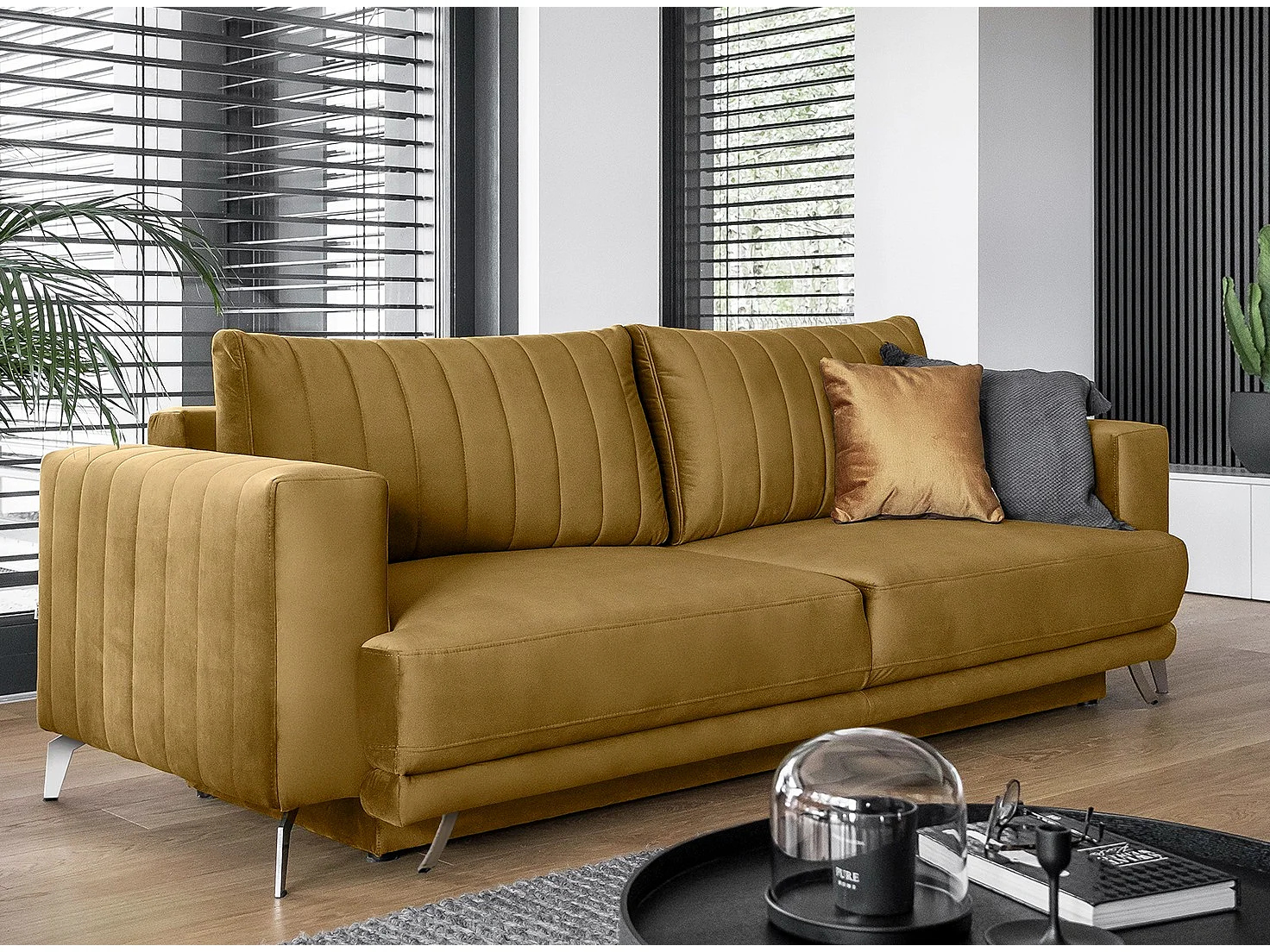 Canapé convertible design 3-4 places velours jaune et pieds acier chromé Eliza 250cm