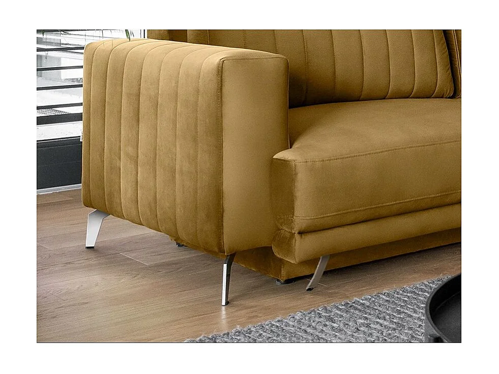 Canapé convertible design 3-4 places velours jaune et pieds acier chromé Eliza 250cm