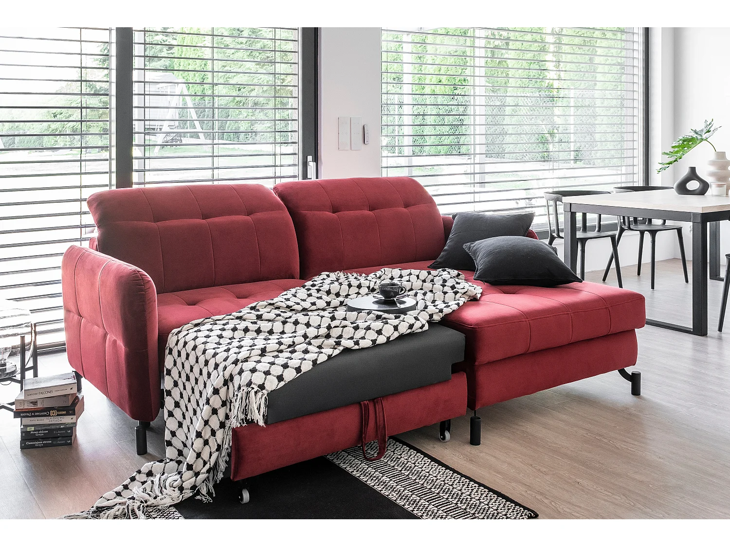 Canapé convertible angle droit avec têtières réglables tissu matelassé gris clair Lory 225cm