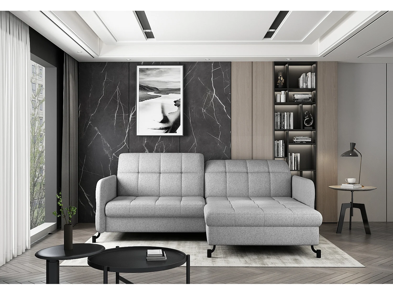 Rechte hoekbank met verstelbare hoofdsteunen lichtgrijze gewatteerde stof Lory 225 cm