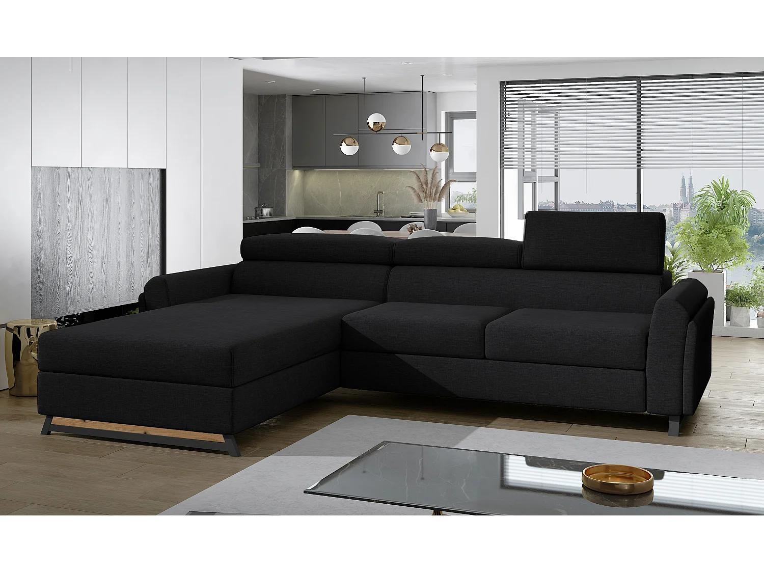 Canapé angle gauche convertible tissu noir avec appuis-tête réglables Mazerali 300cm