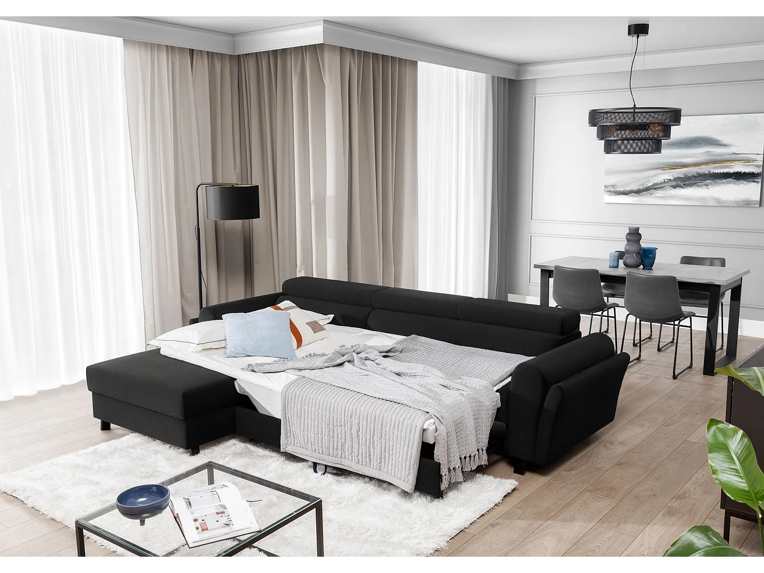 Canapé d’angle convertible MAZALI tissu- Appuis-tête réglables et rangement-Noir-Méridienne A gauche