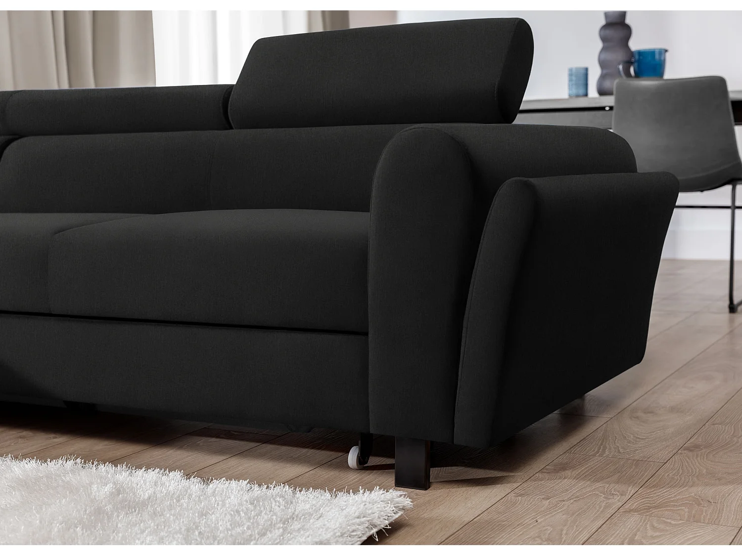 Canapé d’angle convertible MAZALI tissu- Appuis-tête réglables et rangement-Noir-Méridienne A gauche