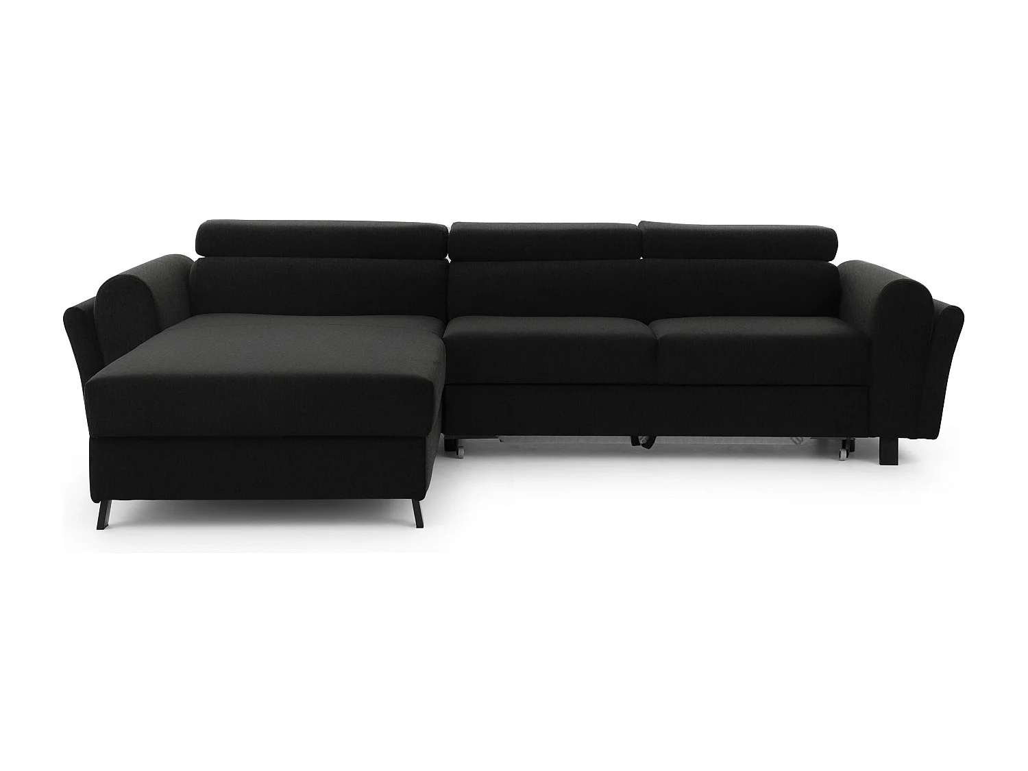 Canapé d’angle convertible MAZALI tissu- Appuis-tête réglables et rangement-Noir-Méridienne A gauche