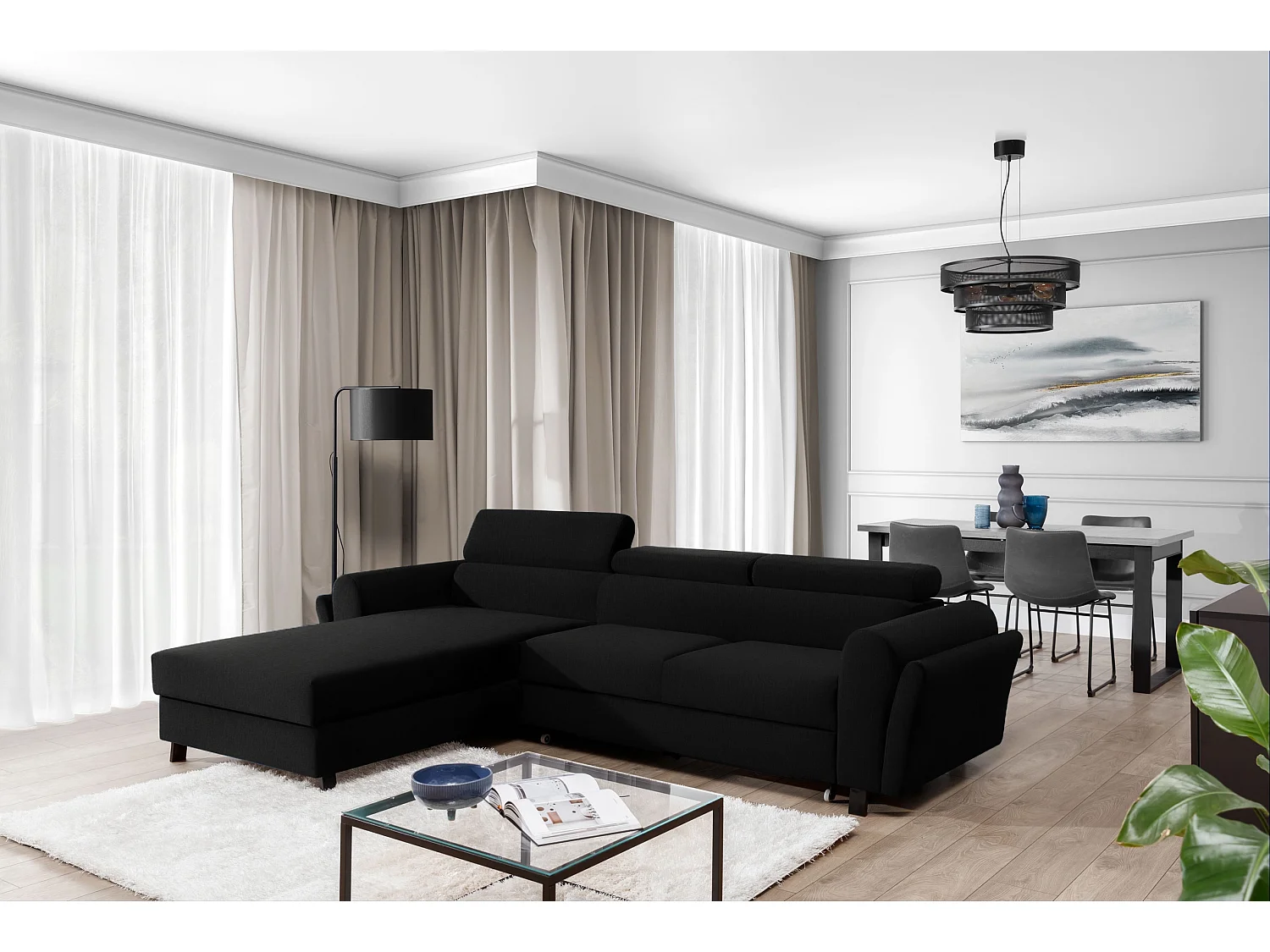 Canapé d’angle convertible MAZALI tissu- Appuis-tête réglables et rangement-Noir-Méridienne A gauche