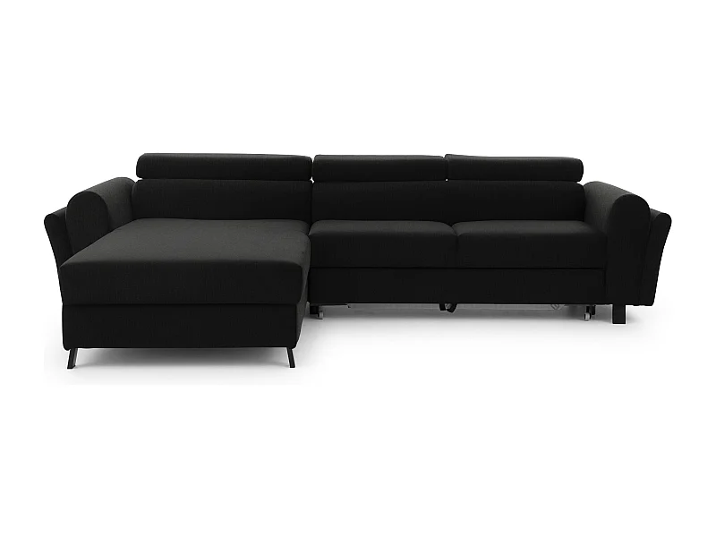 Canapé d’angle convertible MAZALI tissu- Appuis-tête réglables et rangement-Noir-Méridienne A gauche
