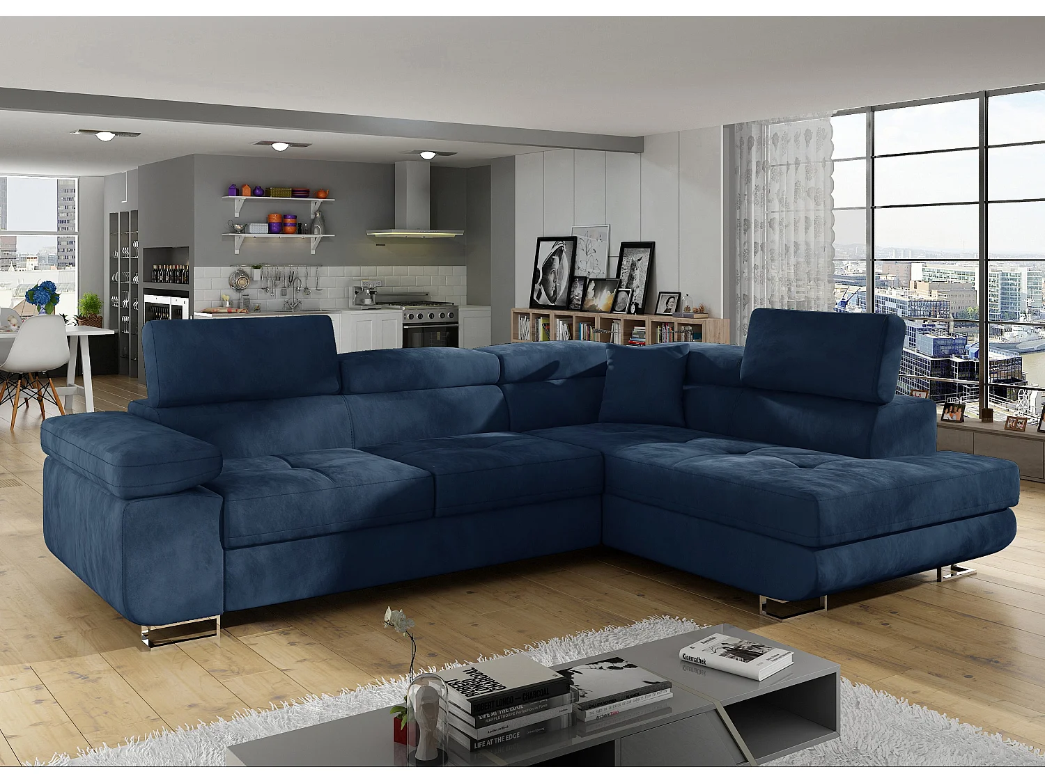 Canapé d'angle droit convertible velours bleu marine Marka 275cm