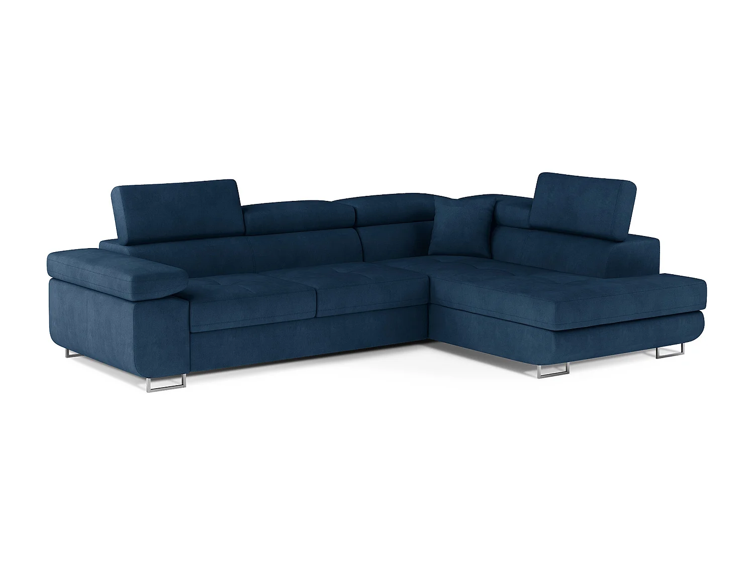 Sofá esquinero convertible en terciopelo con reposacabezas elevables - Colección Marka-Azul oscuro-Ángulos rectos