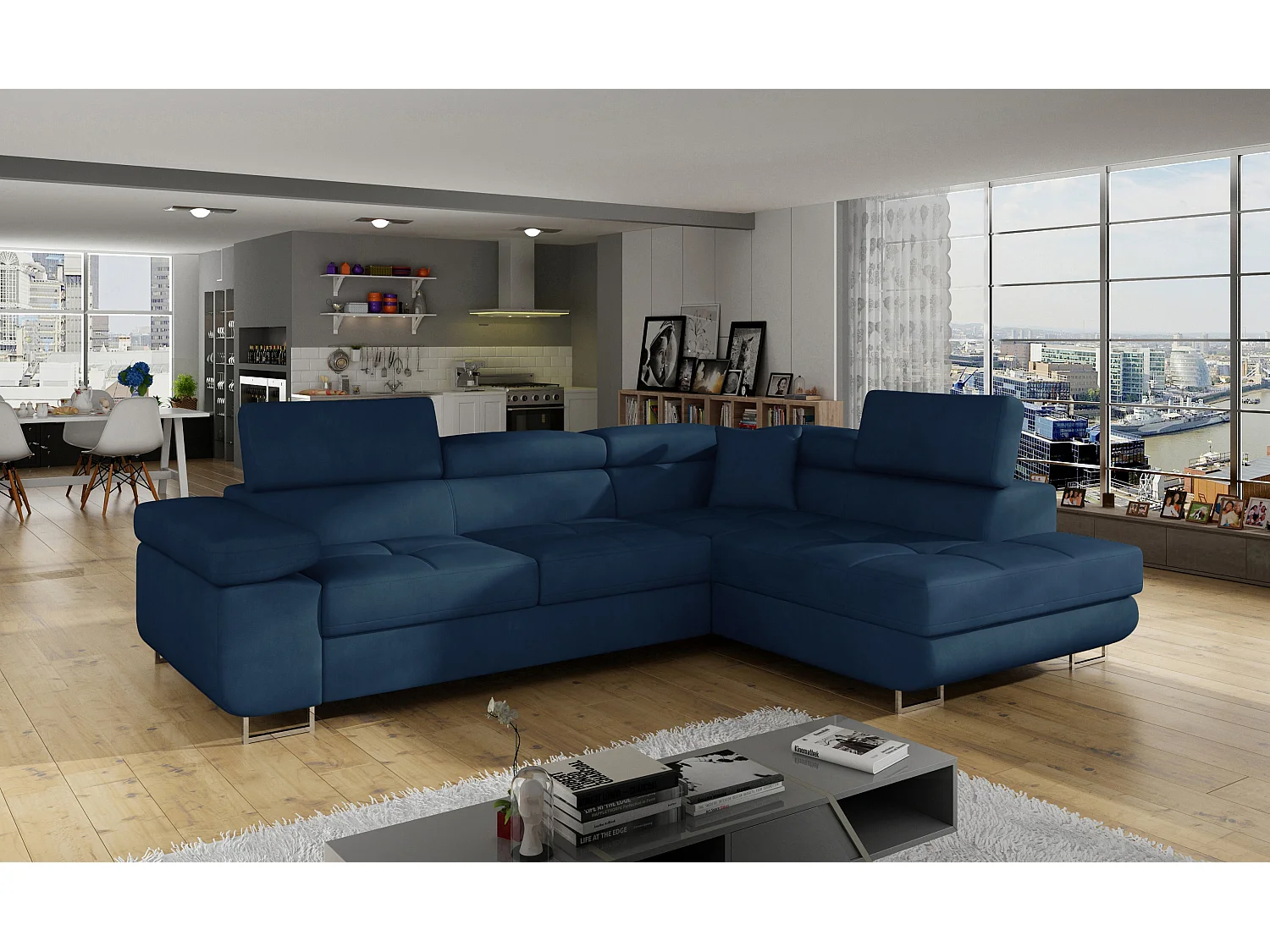 Sofá esquinero convertible en terciopelo con reposacabezas elevables - Colección Marka-Azul oscuro-Ángulos rectos