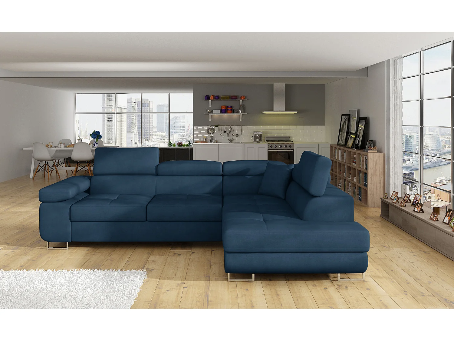 Sofá esquinero convertible en terciopelo con reposacabezas elevables - Colección Marka-Azul oscuro-Ángulos rectos