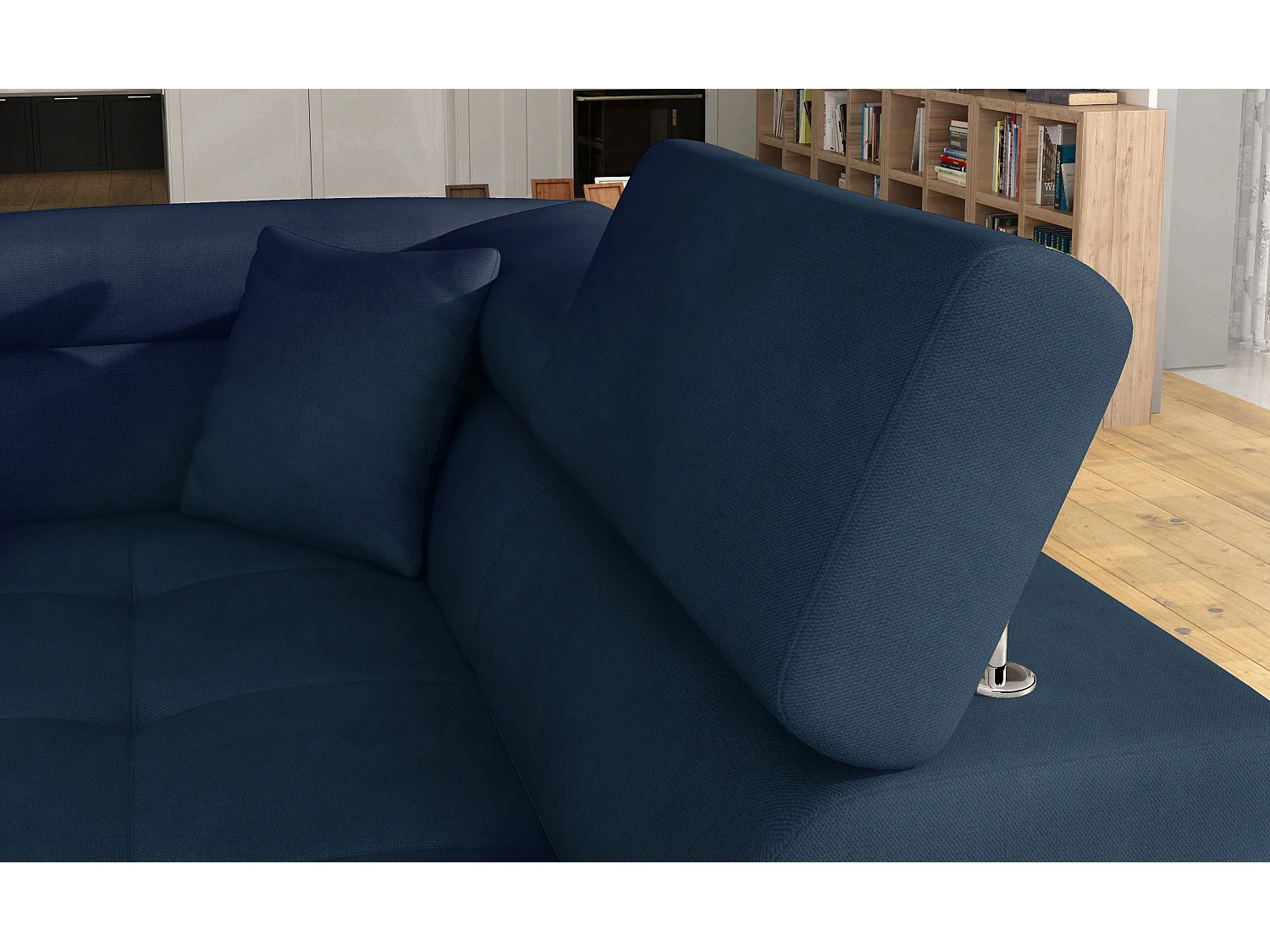 Sofá esquinero convertible en terciopelo con reposacabezas elevables - Colección Marka-Azul oscuro-Ángulos rectos