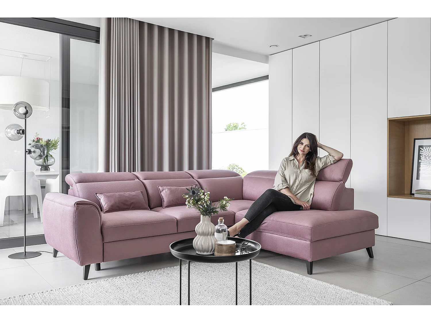 Canapé d'angle droit convertible tissu rose poudré Noblesse 255cm